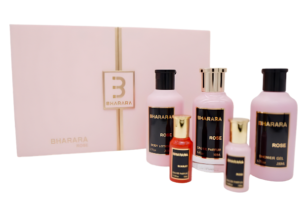 Set de regalo Bharara Rose W (perfume en aerosol 3.4oz, loción corporal 6.7oz, gel de ducha 6.7oz, perfume en aerosol 0.3oz, Bharara Scarlet 0.3oz)