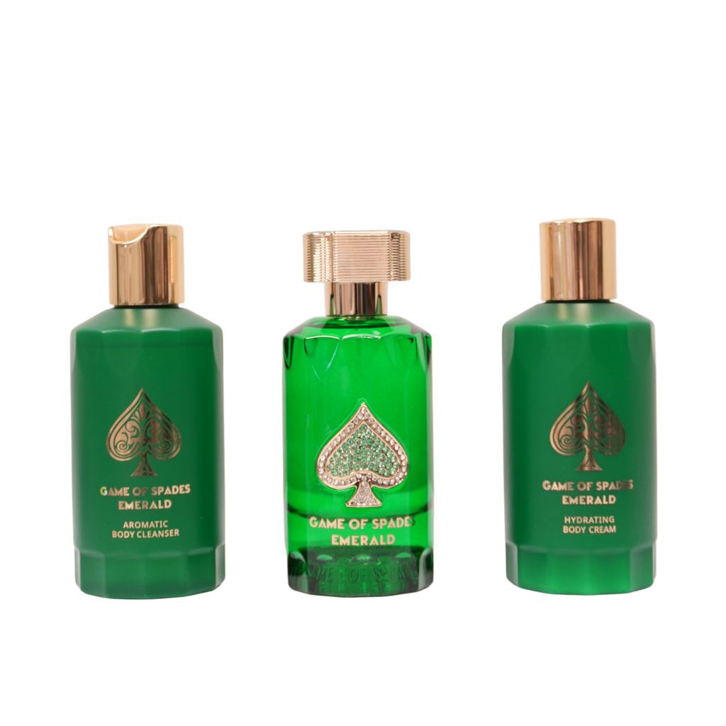 Jo Milano Set Game Of Spades Emerald 8 Pcs U Parfum (Emerald 3.0oz +  Topaz 0.3oz + Bonus 0.3oz + Opal 0.3oz + No Limit 0.3oz + Full House 0.3oz + Aromatic Body Cleanser 6.8oz + Body Cream 6.8oz )
