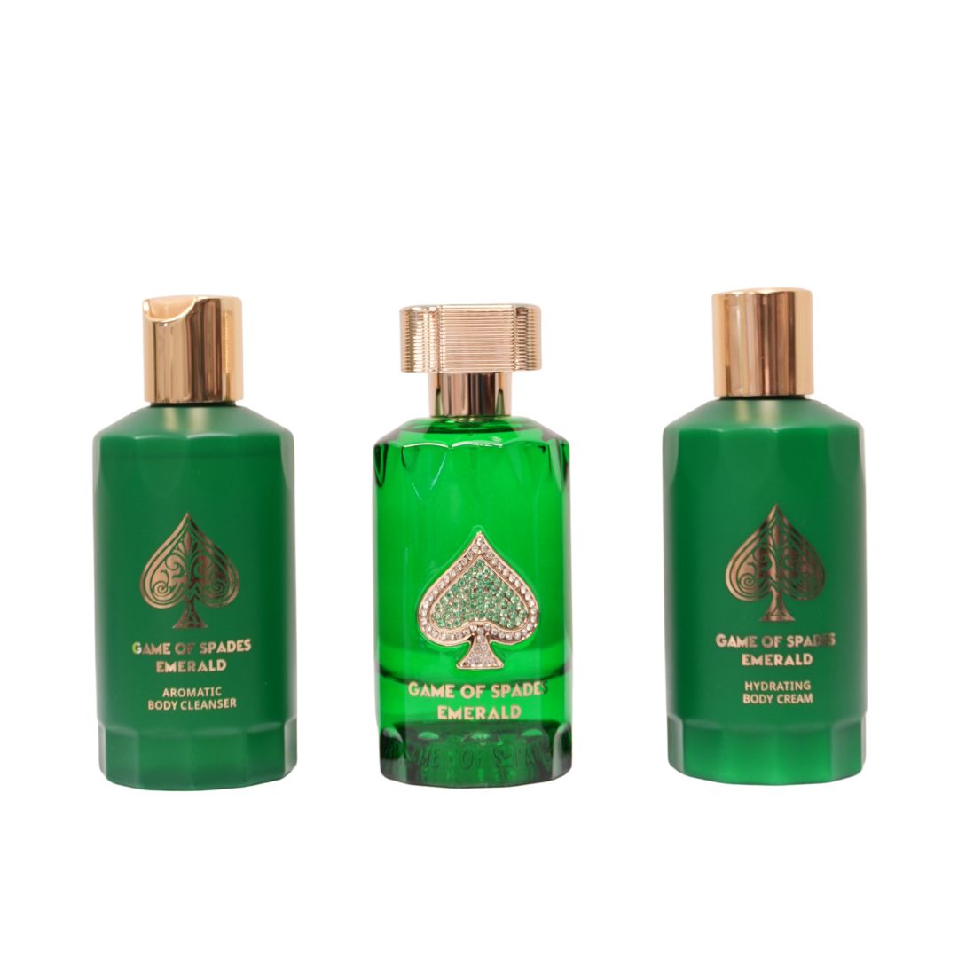 Jo Milano Set Game Of Spades Emerald 8 Pcs U Parfum (Emerald 3.0oz +  Topaz 0.3oz + Bonus 0.3oz + Opal 0.3oz + No Limit 0.3oz + Full House 0.3oz + Aromatic Body Cleanser 6.8oz + Body Cream 6.8oz )