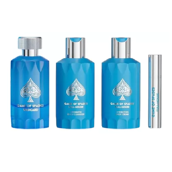 Jo Milano Game of Spades FULL-HOUSE 4PCS (3.4oz Parfum, 6.8oz Body Cleanser, 6.8oz Body Cream, 0.27 Oz Refillable Atomizer)