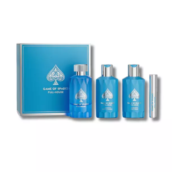 Jo Milano Game of Spades FULL-HOUSE 4PCS (3.4oz Parfum, 6.8oz Body Cleanser, 6.8oz Body Cream, 0.27 Oz Refillable Atomizer)