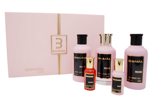 Bharara Rose Gift Set W ( Perfume Spray 3.4oz , Body Lotion 6.7oz , shower gel 6.7oz , Perfume Spray 0.3oz , Bharara Scarlet 0.3oz )