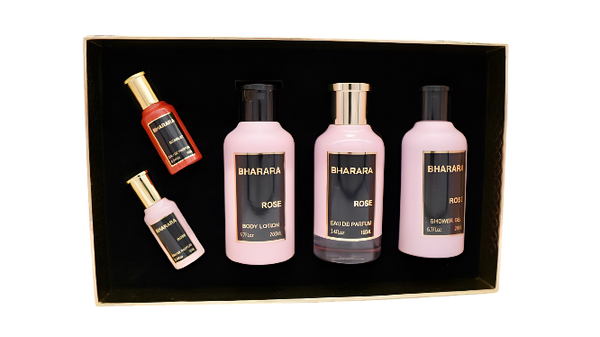 Bharara Rose Gift Set W ( Perfume Spray 3.4oz , Body Lotion 6.7oz , shower gel 6.7oz , Perfume Spray 0.3oz , Bharara Scarlet 0.3oz )