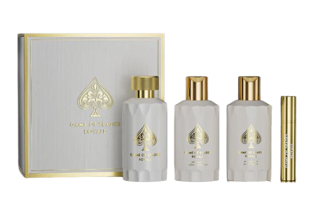 Open Box JO MILANO GAME OF SPADES ROYALE GIFT SET 4 PZS ( PERFUME SPRAY 3.4OZ , AROMATIC BODY CLEANSER 3.4OZ , HYDRATING BODY CREAM 3.4OZ , REFILLABLE PERFUME BOTTLE 0.34OZ )