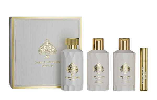 Open Box JO MILANO GAME OF SPADES ROYALE GIFT SET 4 PZS ( PERFUME SPRAY 3.4OZ , AROMATIC BODY CLEANSER 3.4OZ , HYDRATING BODY CREAM 3.4OZ , REFILLABLE PERFUME BOTTLE 0.34OZ )