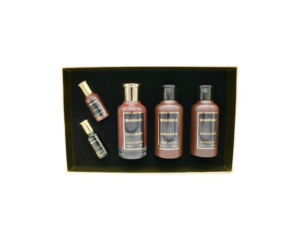 Bharara Chocolate Gift Set M ( Perfume Spray 3.4oz , Body Lotion 6.7oz , shower gel 6.7oz , Perfume Spray 0.3oz , Bharara Onyx 0.3oz )