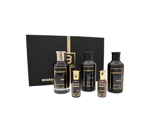 Bharara Onyx Gift Set M ( Perfume Spray 3.4oz , Body Lotion 6.7oz , shower gel 6.7oz , Perfume Spray 0.3oz , Bharara Chocolate 0.3oz )