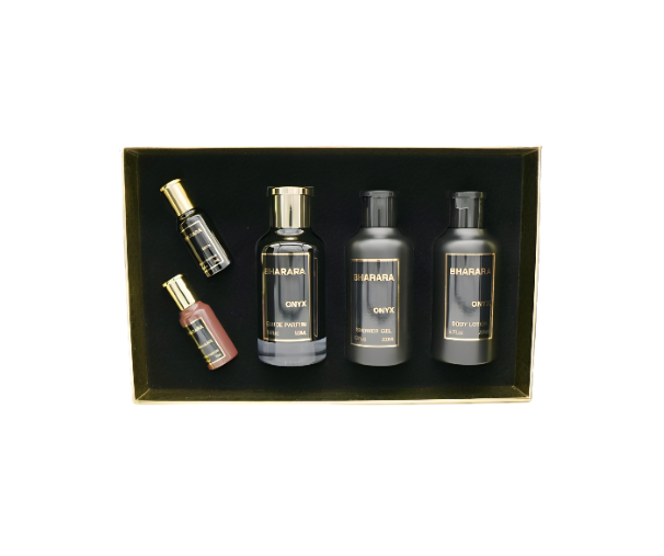 Bharara Onyx Gift Set M ( Perfume Spray 3.4oz , Body Lotion 6.7oz , shower gel 6.7oz , Perfume Spray 0.3oz , Bharara Chocolate 0.3oz )