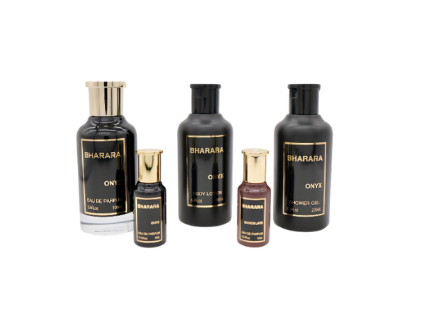 Bharara Onyx Gift Set M ( Perfume Spray 3.4oz , Body Lotion 6.7oz , shower gel 6.7oz , Perfume Spray 0.3oz , Bharara Chocolate 0.3oz )