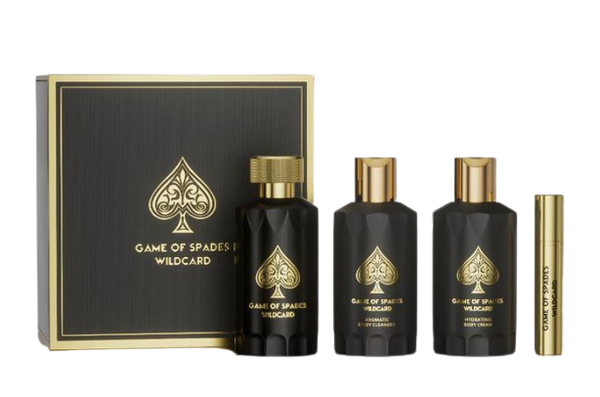 Jo Milano Game Of Spades Wildcard Gift Set 4 Pzs ( Perfume Spray 3.4oz , Aromatic Body Cleanser 3.4oz , Hydrating Body Cream 3.4oz , Refillable Perfume Bottle 0.34oz )