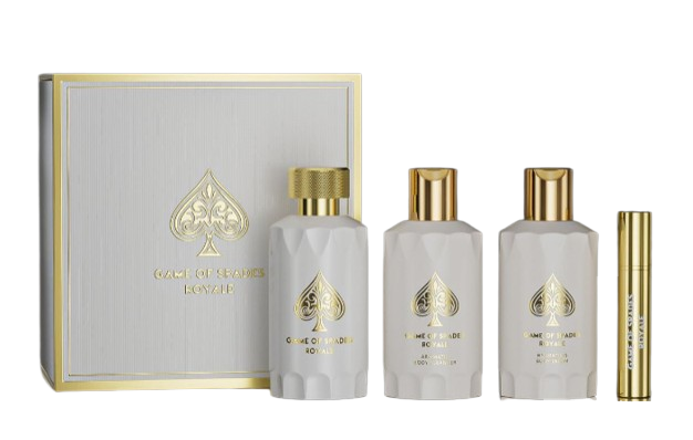 Jo Milano Juego de Espadas Royale - Set de regalo (4 unidades) (perfume en aerosol de 100 ml, limpiador corporal aromático de 100 ml, crema corporal hidratante de 100 ml, perfume rellenable de 10 ml)