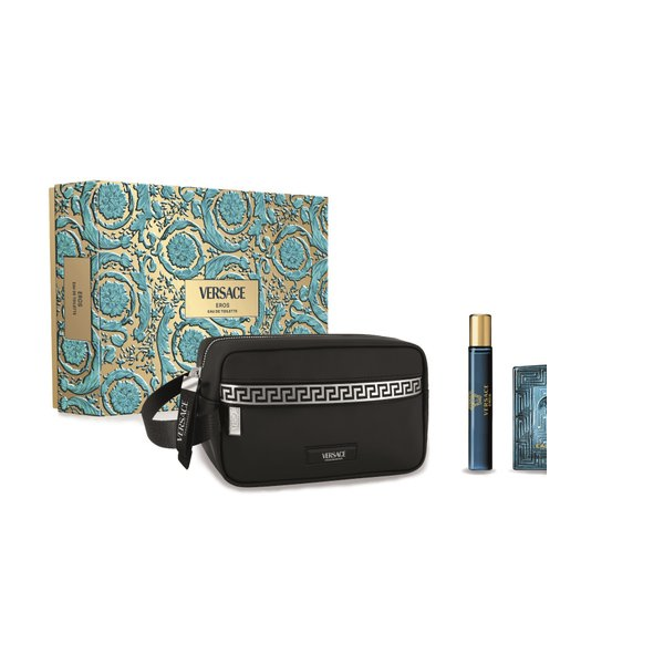 Versace Eros Gift Set 3 Pcs 3.4 oz Edt, Travel Spray, Trousse Bag For Men