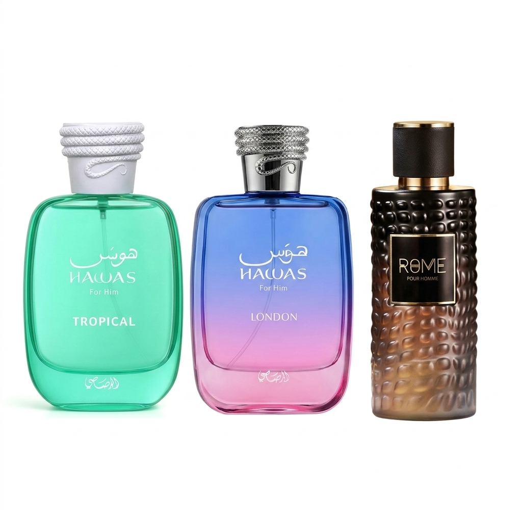 Hawas & Rome Fresh Escape Collection: Hawas London + Rasasi Hawas Tropical + Mast Perfume Rome Pour Homme