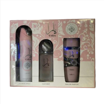 Set Lattafa Yara (Eau de Parfum Yara 100 ml, Spray perfumado 190 ml, Bruma capilar 50 ml)