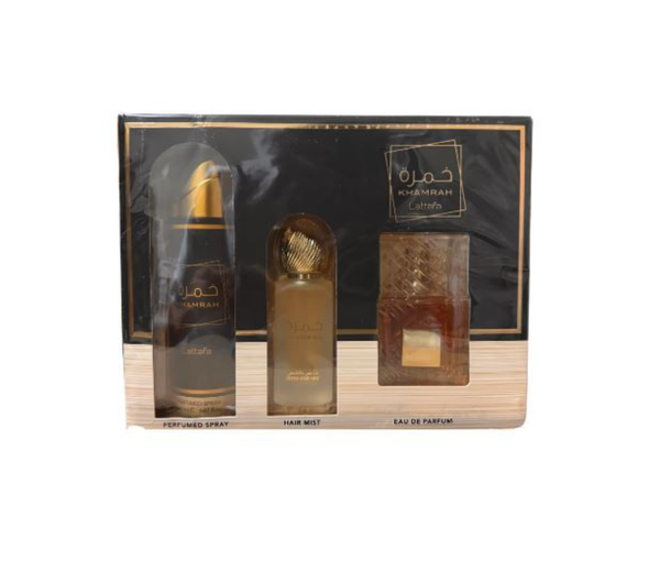 Lattafa Khamrah Set (Khamrah EDP 3.4oz, Perfumed Spray 6.8oz, Hair Mist 1.7oz)