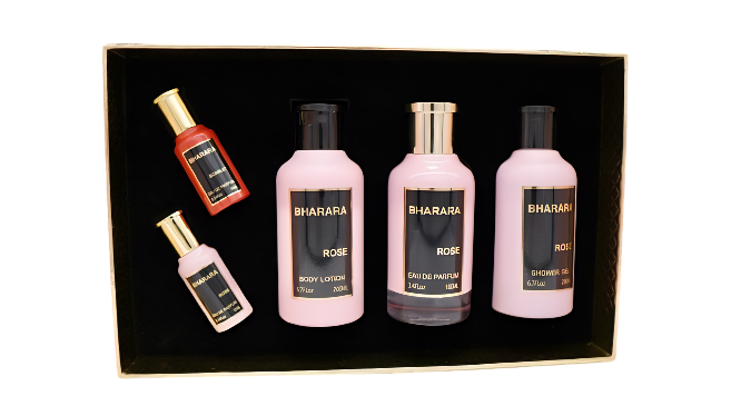 Set de regalo Bharara Rose W (perfume en aerosol 3.4oz, loción corporal 6.7oz, gel de ducha 6.7oz, perfume en aerosol 0.3oz, Bharara Scarlet 0.3oz)