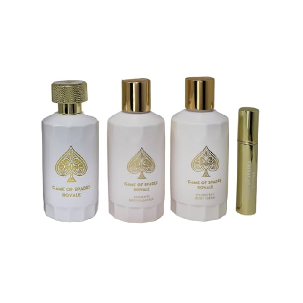 Jo Milano Game Of Spades Royale Gift Set 4 Pzs ( Perfume Spray 3.4oz , Aromatic Body Cleanser 3.4oz , Hydrating Body Cream 3.4oz , Refillable Perfume Bottle 0.34oz )
