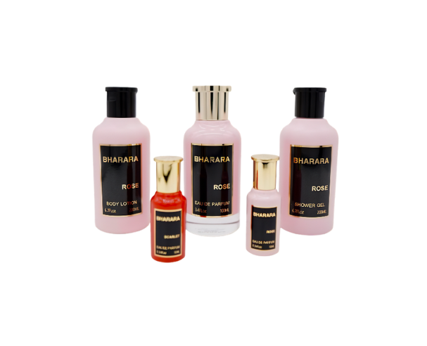 Set de regalo Bharara Rose W (perfume en aerosol 3.4oz, loción corporal 6.7oz, gel de ducha 6.7oz, perfume en aerosol 0.3oz, Bharara Scarlet 0.3oz)